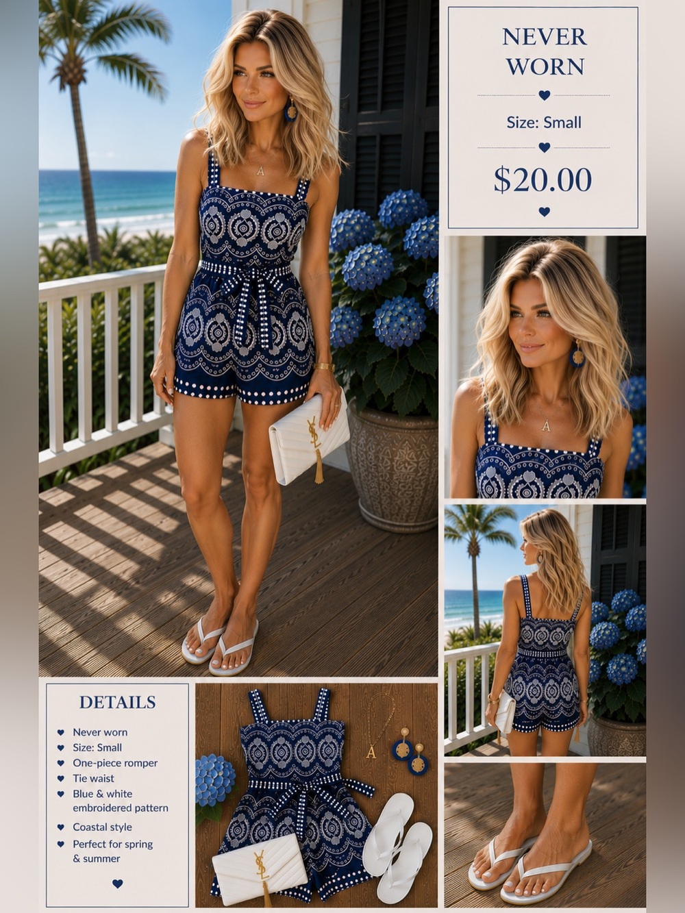 Blue & White Embroidered Romper